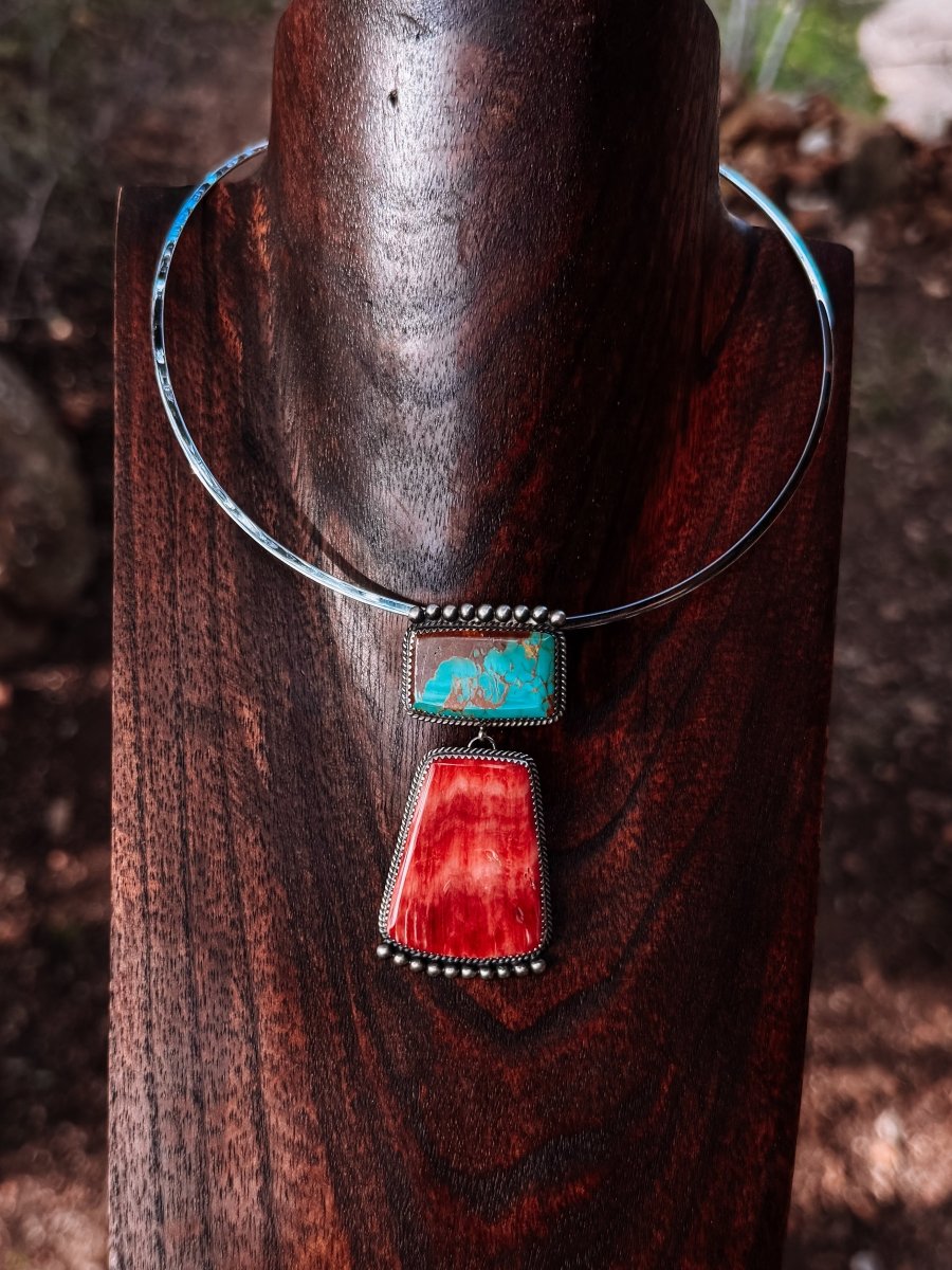 Naco 2 Stone Hook Pendant (Orange/Red Spiny + Turquoise) - Horseshoe J & Co.