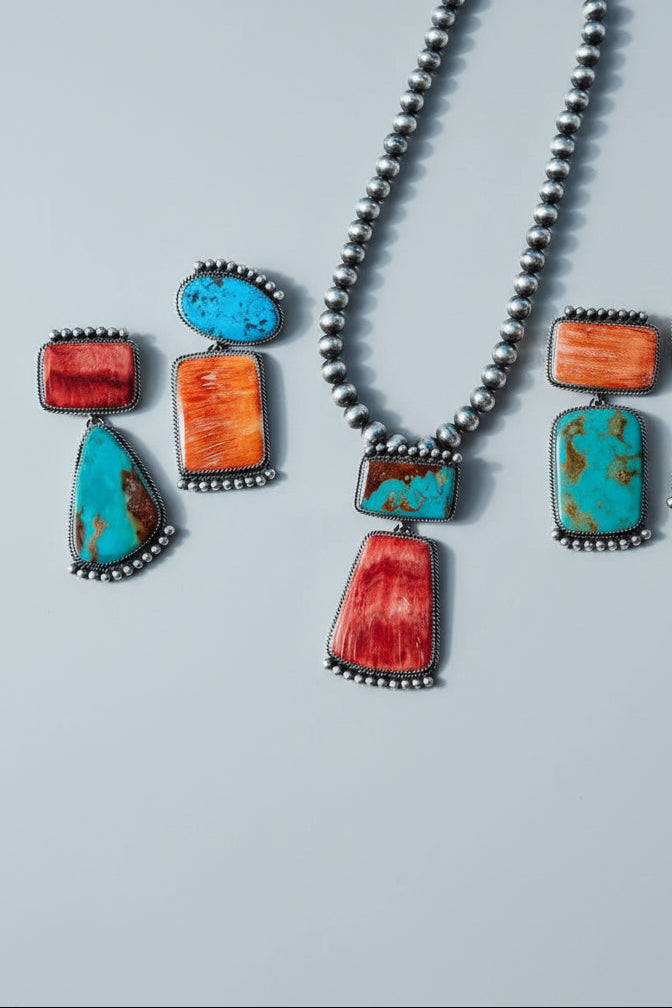 Naco 2 Stone Hook Pendant (Orange/Red Spiny + Turquoise) - Wooten's