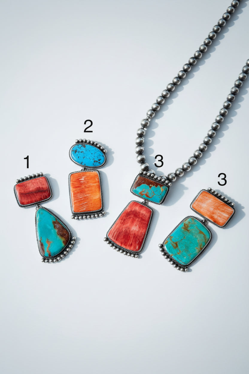 Naco 2 Stone Hook Pendant (Orange/Red Spiny + Turquoise) - Wooten's