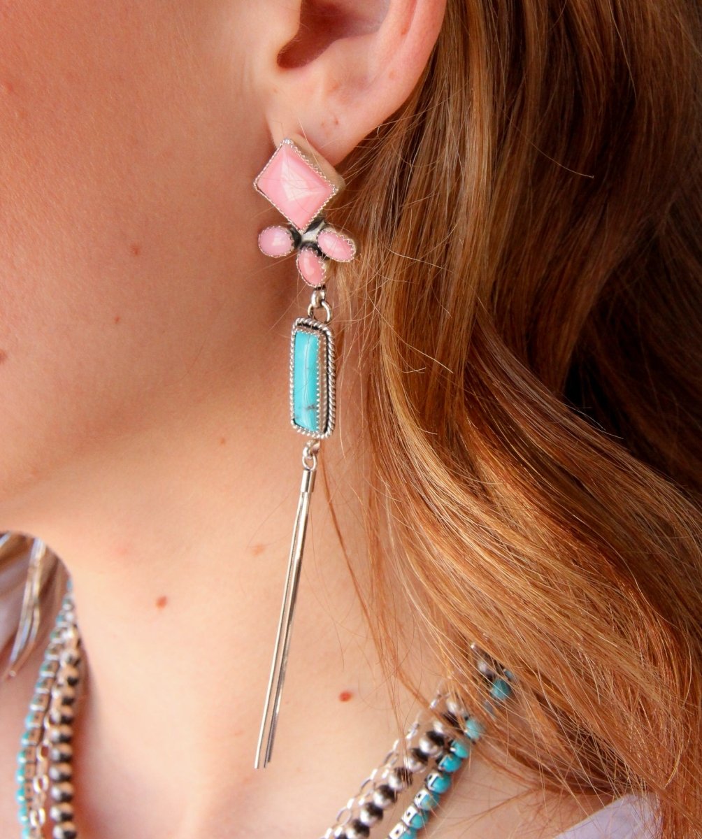 Pink Conch and Turquoise/White Buffalo Tassel Earrings - Wooten's