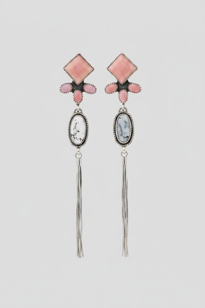 Pink Conch and Turquoise/White Buffalo Tassel Earrings - Wooten's