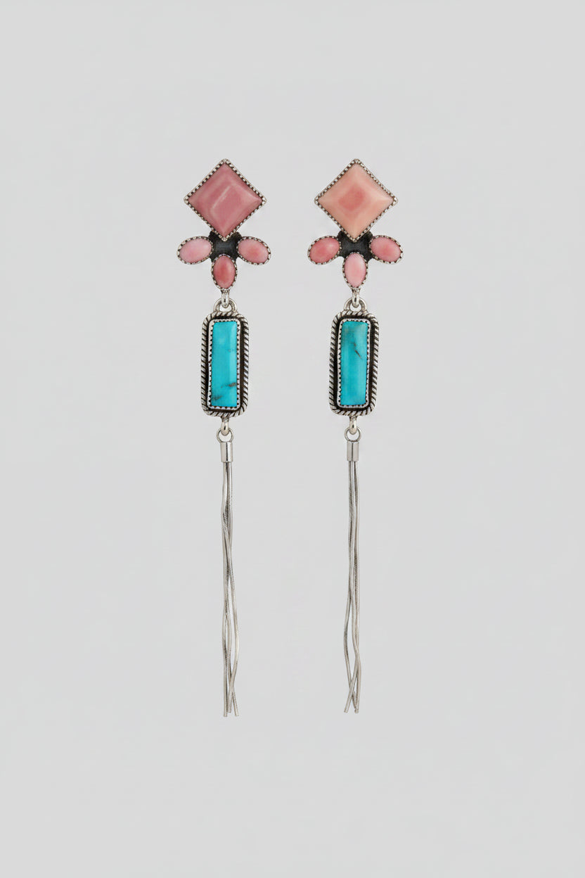 Pink Conch and Turquoise/White Buffalo Tassel Earrings - Wooten's