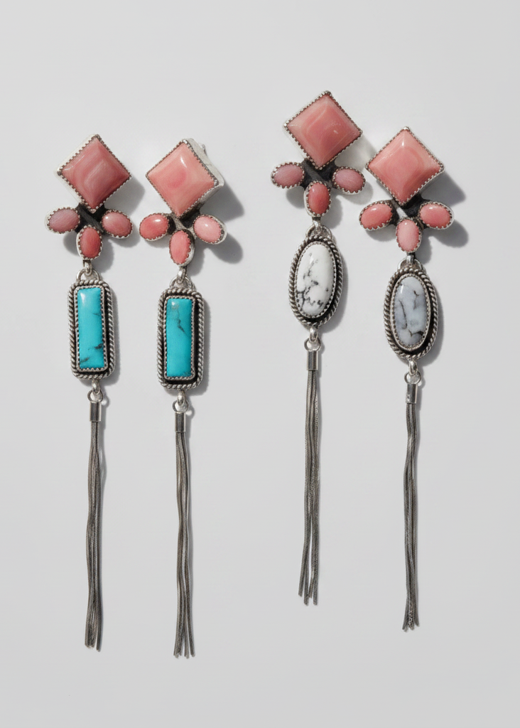 Pink Conch and Turquoise/White Buffalo Tassel Earrings - Wooten's