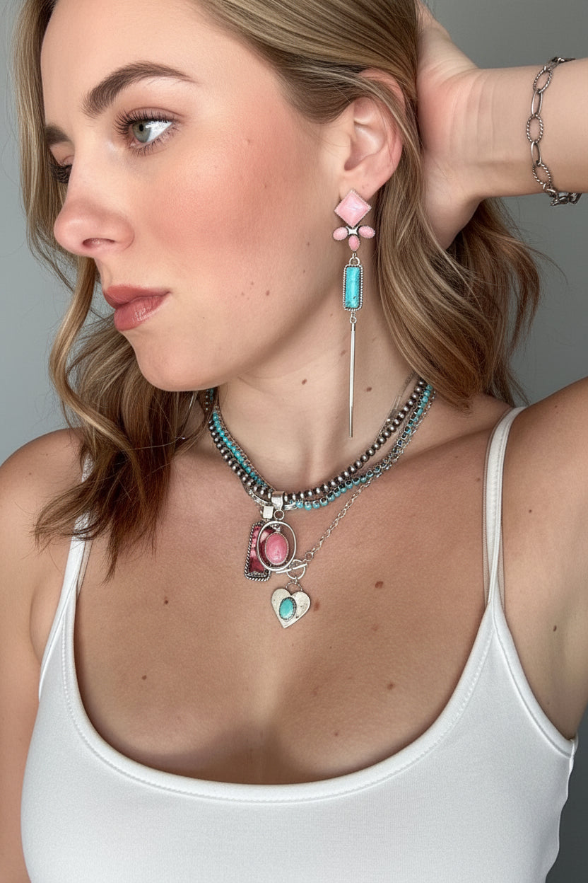 Pink Conch and Turquoise/White Buffalo Tassel Earrings - Wooten's