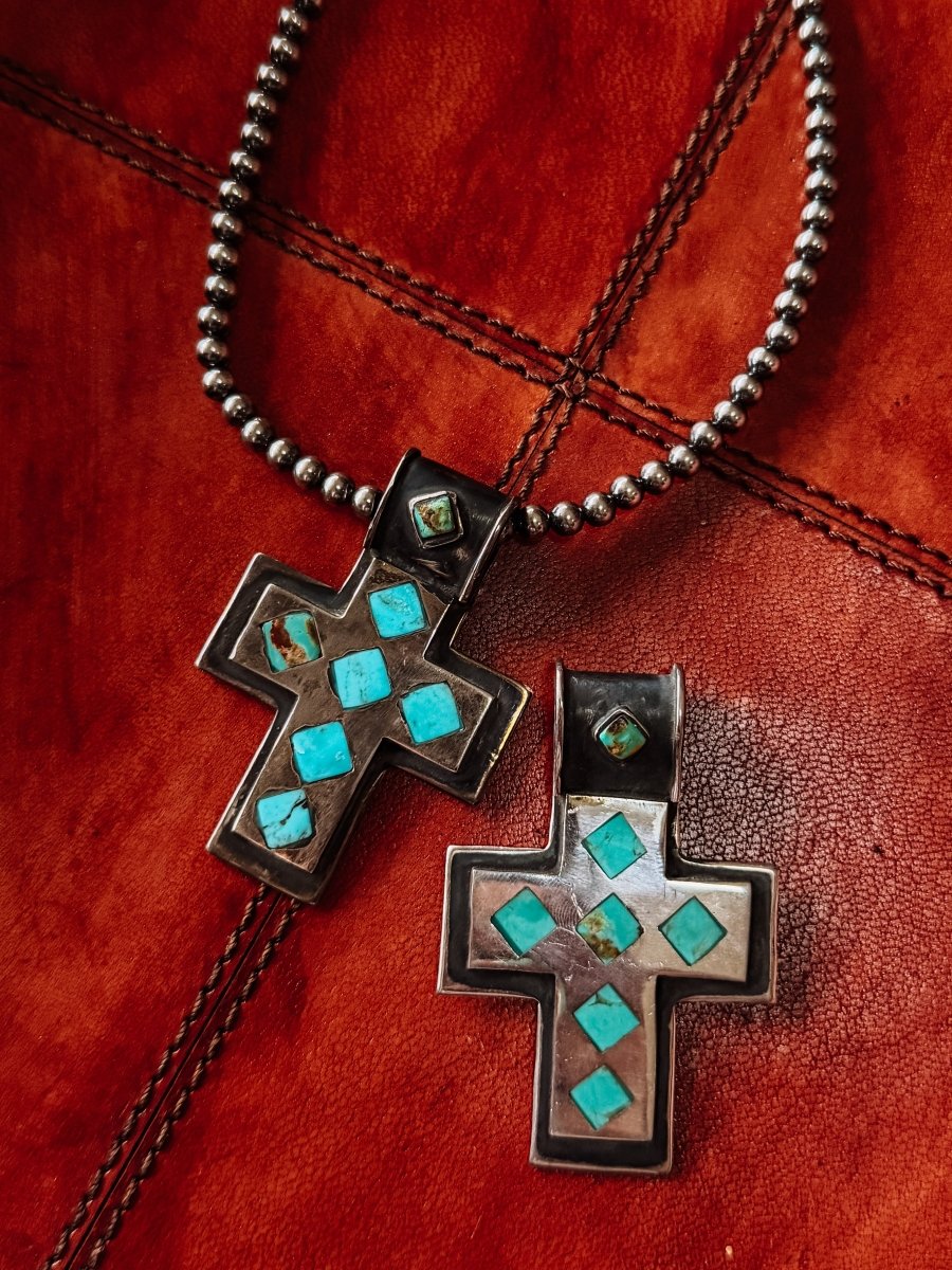 Sanders Large Turquoise Inlay Cross Pendant - Horseshoe J & Co.