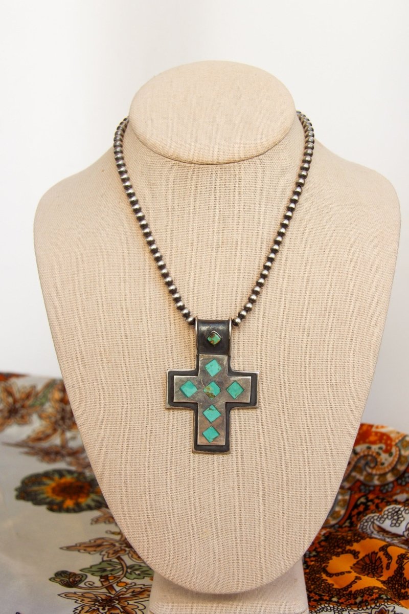 Sanders Large Turquoise Inlay Cross Pendant - Horseshoe J & Co.
