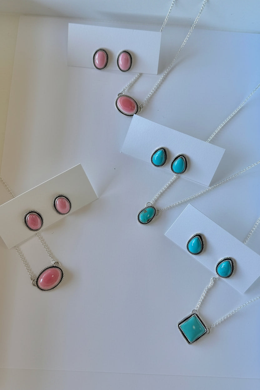 Seneca Pink Conch/Turquoise Earring + Necklace Set - Wooten's