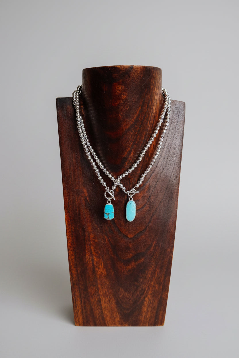 Sterling silver pearl + turquoise toggle Necklace - Wooten's