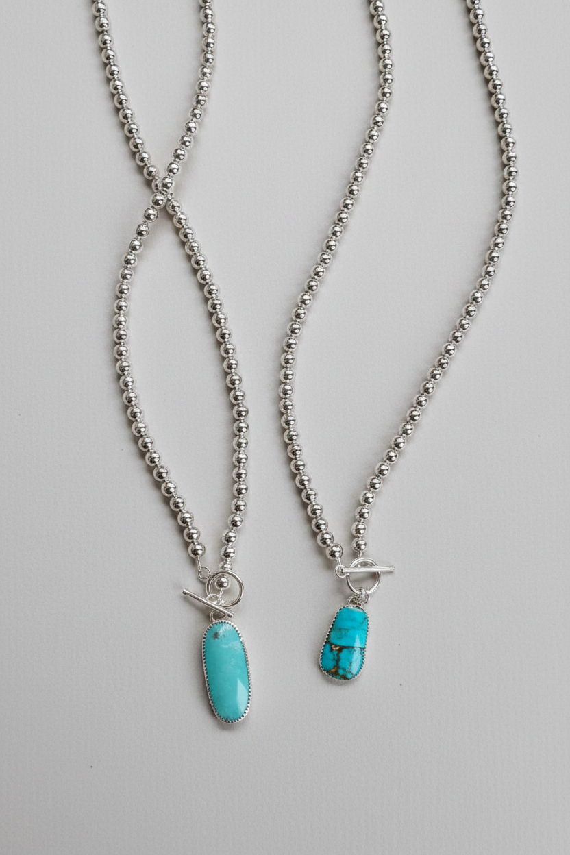 Sterling silver pearl + turquoise toggle Necklace - Wooten's
