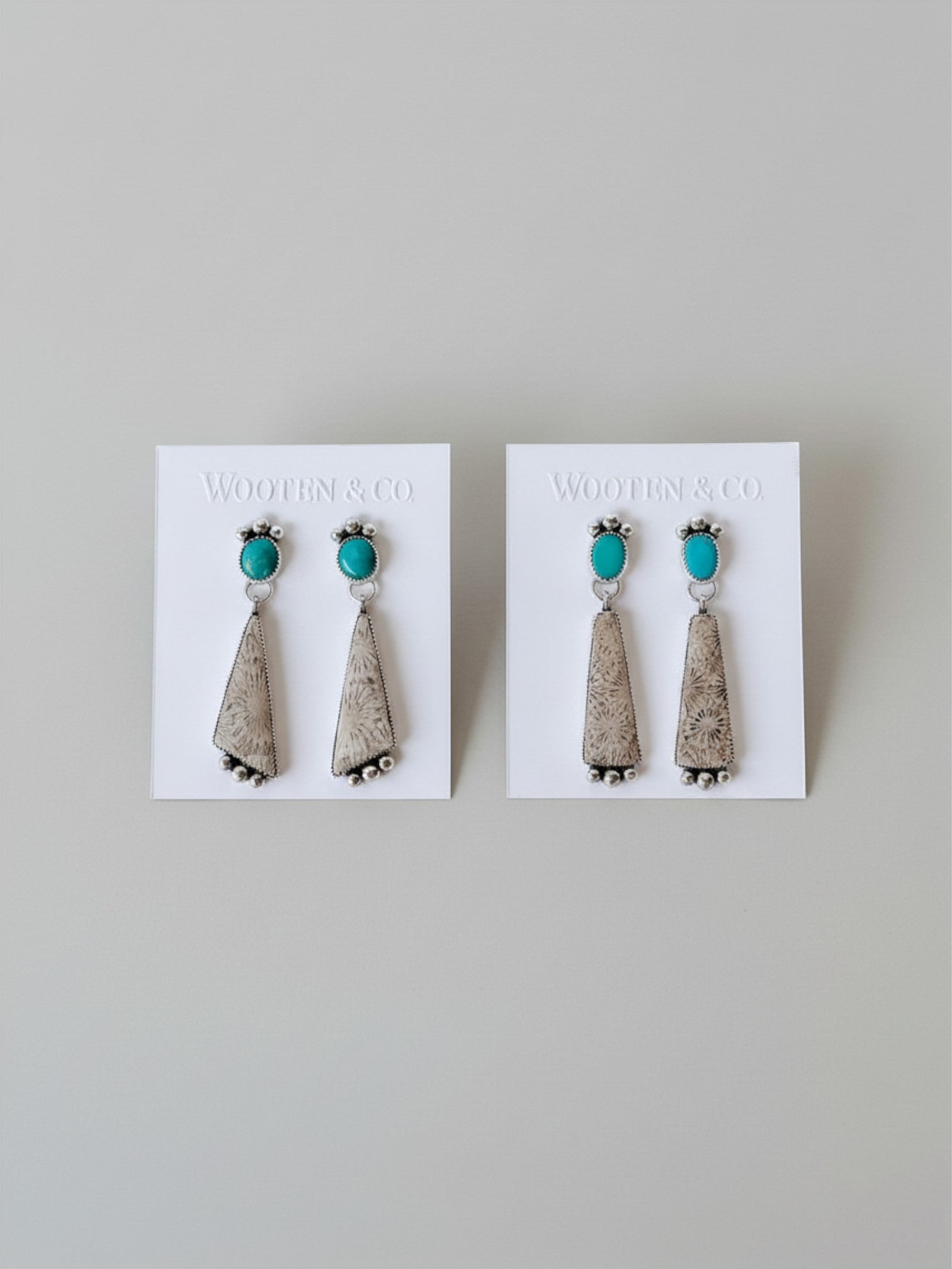 Wooten & Co. Summerfield earrings featuring turquoise stones and fossilized coral set in sterling silver.